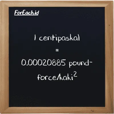 1 centipaskal setara dengan 0.00020885 pound-force/kaki<sup>2</sup> (1 cPa setara dengan 0.00020885 lbf/ft<sup>2</sup>)